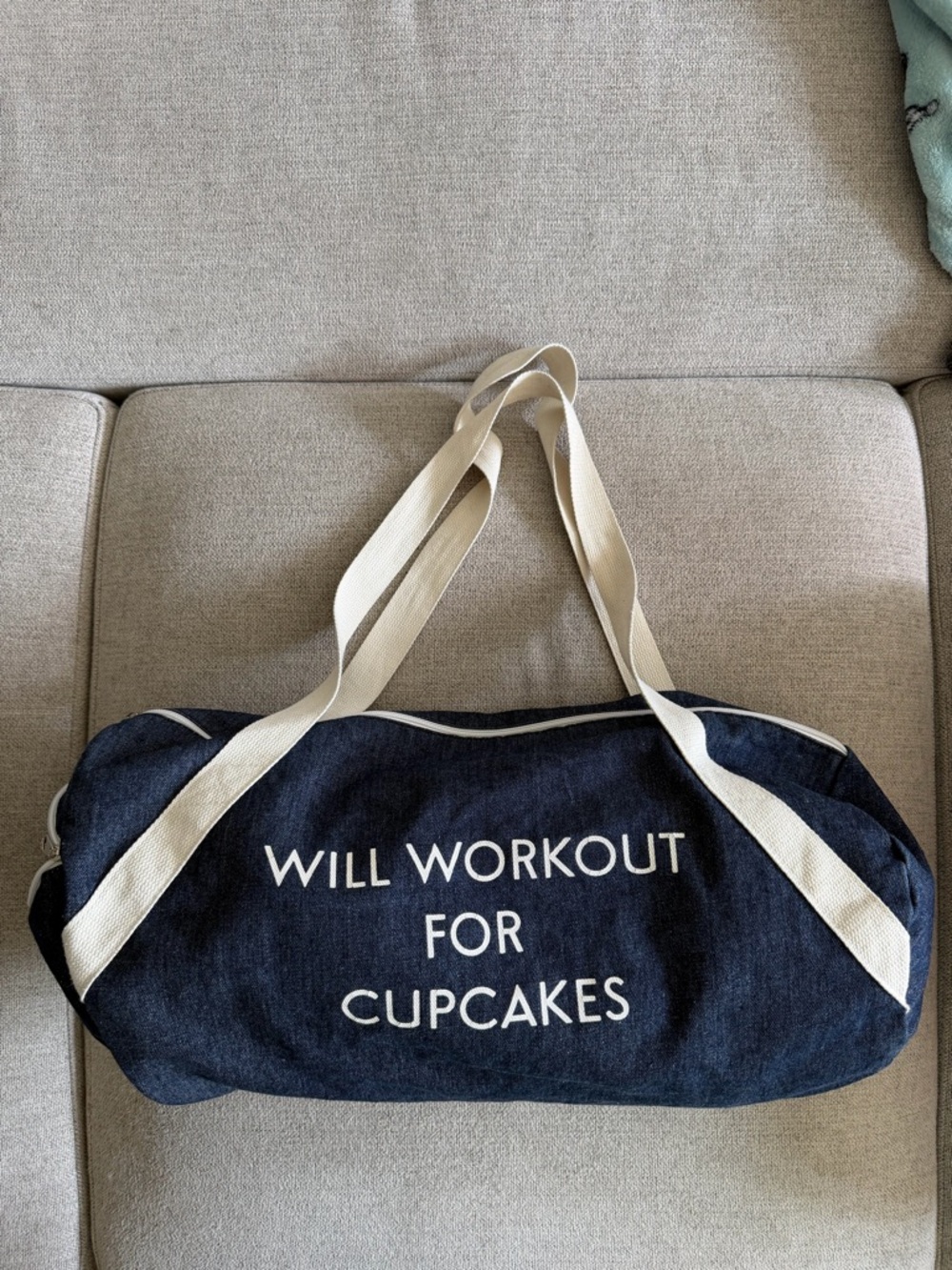 Navy Canvas Duffel Bag "Will Workout For Cupcakes"